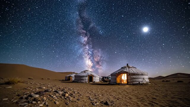 Yurts Under the Milky Way Galaxy in the Desert at Night.