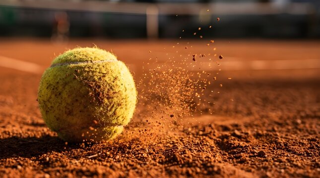 Tennis ball bouncing on clay with dust particles