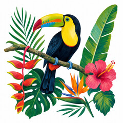 Toucan Tropical Jungle Watercolor Illustration - Hibiscus Palm Leaves © Ai.com