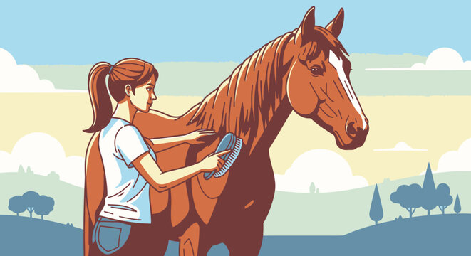 Woman brushing horse outdoors equine care and animal husbandry concept