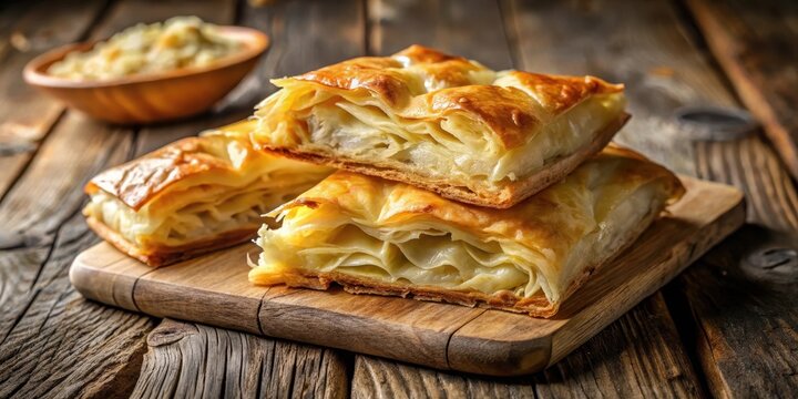 Flaky filo pastry wrapped around a golden-brown puff cheese pie, sliced into wedges on a rustic wooden table, homemade puff cheese pie, rustic table