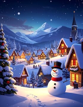 A snowman in a snowy village at night