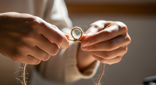 Close-up of skilled hands meticulously tying a natural twine knot, showcasing a focused crafting process with precision and care.
