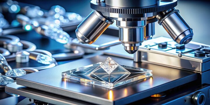 Intricate diamond crystal structure on a microscope slide, lab equipment, optical microscopy