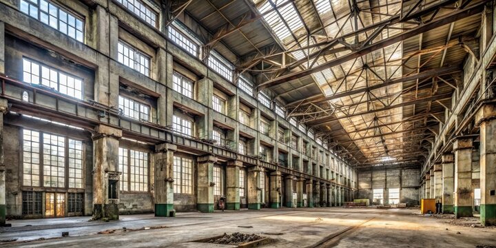 Abandoned concrete industrial hall with high ceilings and industrial equipment in the background, equipment, industrial landscape