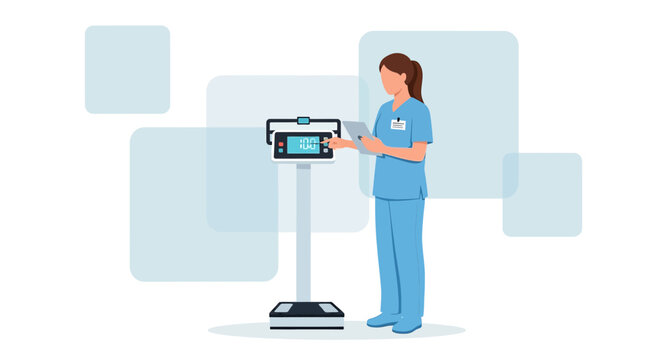 Nurse using digital scale and tablet for patient weight monitoring in healthcare setting