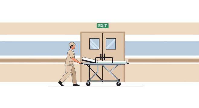 Nurse Pushing Stretcher Towards Exit Door in Hospital Corridor