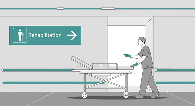 Nurse pushing stretcher towards rehabilitation room in hospital corridor