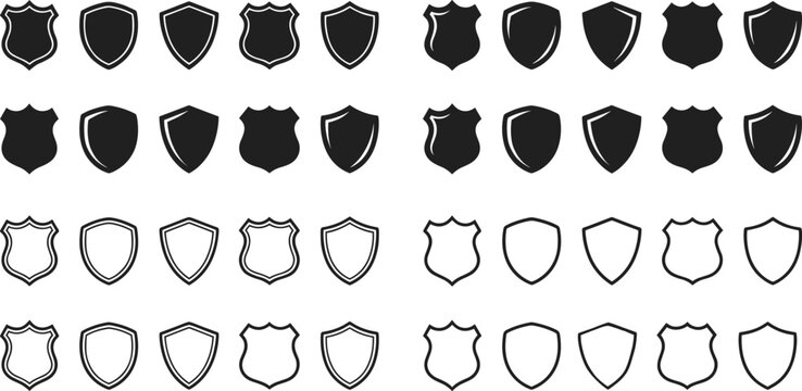 Black and white shield icons, security badges, protection symbols, heraldic crest shapes, defense logo elements, security guard emblem silhouette.
