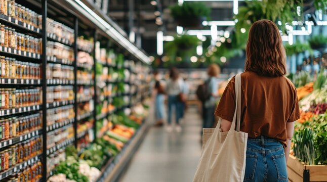 Woman carrying a reusable bag, walking down a vibrant grocery aisle with fresh produce and various products