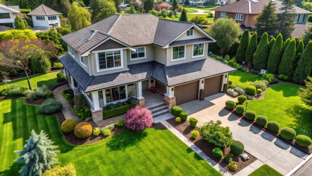 Aerial drone flying over a modern two-story home with a well-manicured lawn and trees , residential properties, drone shots