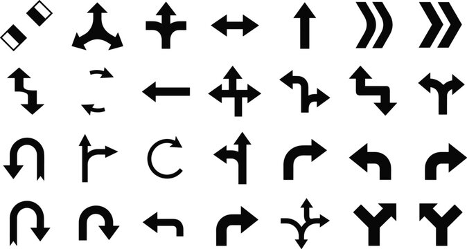 Black directional arrow icons, navigation wayfinding symbols, traffic road sign graphics, pointing cursor elements, diverse path and movement indicators for design