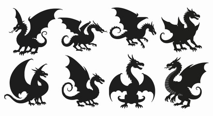 Fototapeta premium Set of vector silhouettes of different dragons, isolated on white background