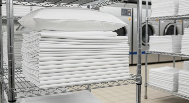 Neatly folded stack of white cotton sheets and pillowcases on a metal shelf with laundry machines in background
