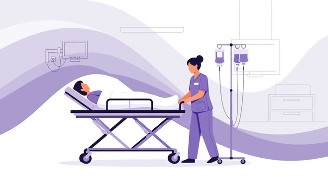 Nurse Pushing Patient on Stretcher in Hospital with IV Drip