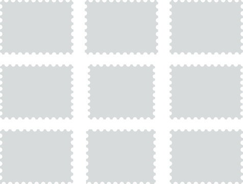 Blank postage stamp icons with serrated edges, gray postal frames for mail design, isolated on white background, flat template