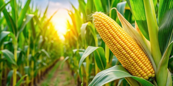 Green Ear of Corn in Field, agricultural field, cultivated cornfield