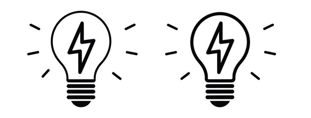 Light bulb with lightning bolt icon, minimalist electricity symbol featuring glowing energy concept, modern line art illustration isolated on a clean white background. © Vector Creator