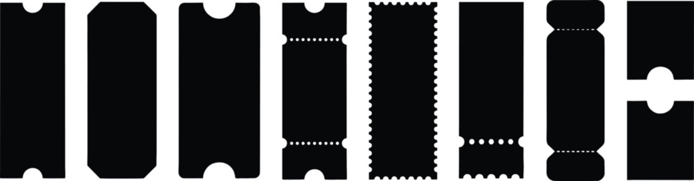 Blank ticket templates for cinema, events, concerts, movie theater, raffle, lottery, entry pass, show admissions, vintage coupons, and creative invitations.