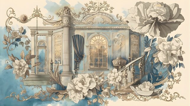 Elegant Rococo Floral Architectural Illustration with Classic Pavilion, Ornate Details and Vintage Decorative Design