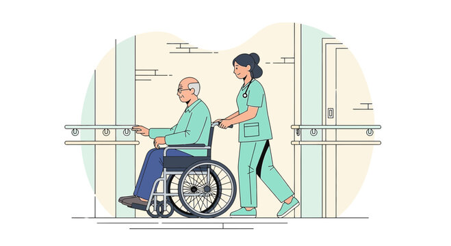Nurse Pushing Elderly Man in Wheelchair in Hospital Corridor