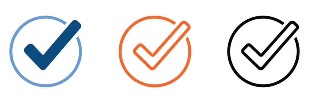 Check mark icon set illustration, approval and verification symbols in blue orange and black circles, confirmation and success concept collection, simple modern flat design graphics, minimal style val