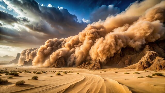 Turbulent sandstorm engulfing vast desert landscape with rolling dunes and rocky outcrops, sandy dunes, stormy weather