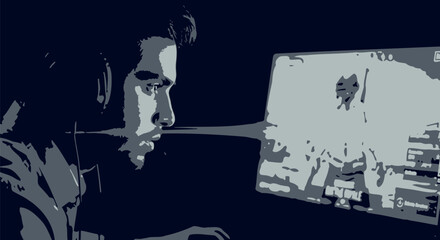 Professional gamer with headset playing battle royale video game, esports athlete focused on computer monitor, dark blue cinematic gaming vector © Malik 