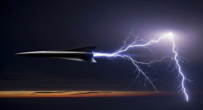 Futuristic rocket ship flying through a lightning storm at dusk