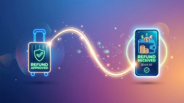 Refund process displays luggage with approval checkmark and mobile device showing refund amount in a colorful digital space.