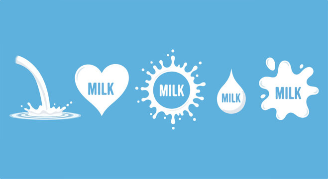 Milk splash vector set with white liquid drops and heart shapes, dairy product labels on blue background, organic milk logo collection for packaging