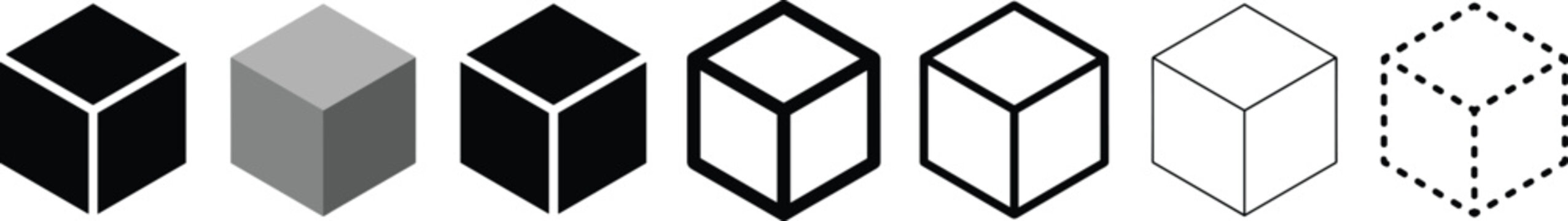 Collection of 3D cube icons, isometric square box symbols, geometric shape variations, solid and outline block elements, mathematical volume graphics, isolated