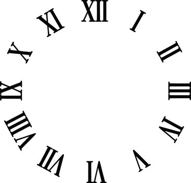 Classic Roman Numeral Clock Face, Vintage Style Time Dial, Antique Watch Numerals, Traditional Chronometer Layout for Watchmaking and Creative Graphic Design