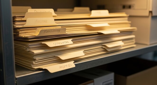 Rows of manila folders stacked on a shelf, organized for easy access to important documents