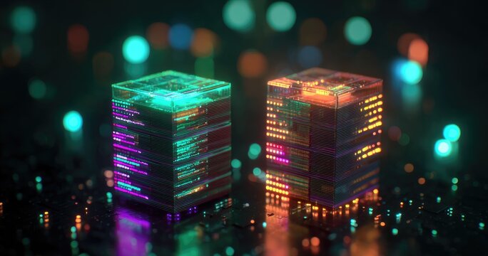 Two glowing cubes of digital code on a dark, bokeh-lit background