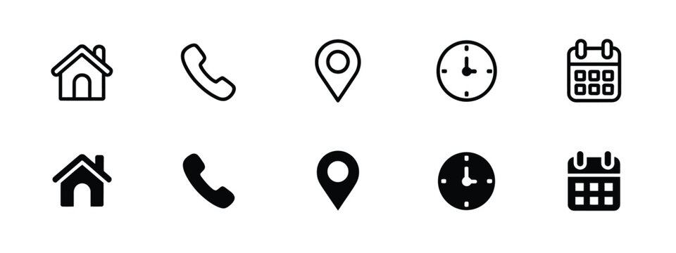 User interface icon set illustration, home phone location clock and calendar symbols, communication and navigation concept collection, simple line and solid style elements, minimal black design graphi