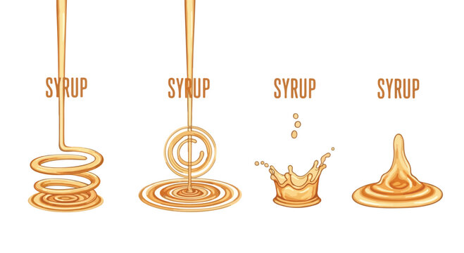 Golden maple syrup drips and splashes vector set, sweet amber honey pouring motion, liquid caramel sauce swirls and drops for food packaging
