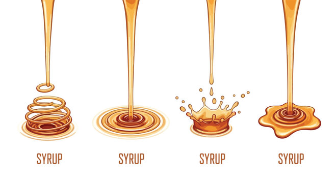 Golden maple syrup pouring vector set, amber honey liquid splashes and drips, sweet caramel sauce flow collection for food packaging design