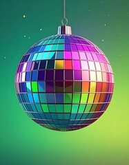 A shiny disco ball hangs against a vibrant green background