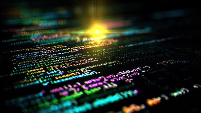 Digital streams of glowing code illuminate dark digital expanse