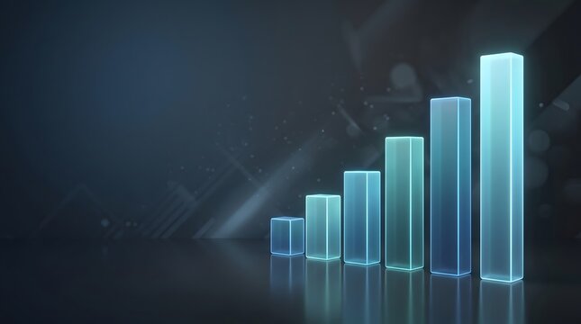 Illuminated 3d bar graph representing positive financial trend and data analytics
