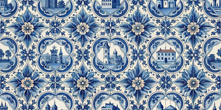 Delft blue seamless pattern with vintage Dutch tile decor featuring intricate floral motifs and classical architecture elements in a classic, timeless style , flooring, dutchstyle