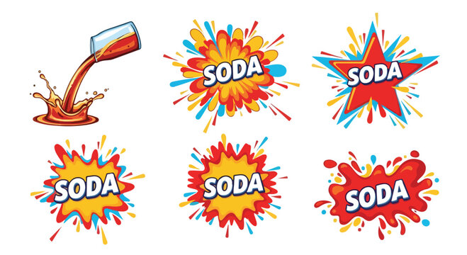 Soda drink splash stickers, colorful pop art liquid explosion labels, set of 6 comic style beverage icons, fizzy cola pouring from glass vector