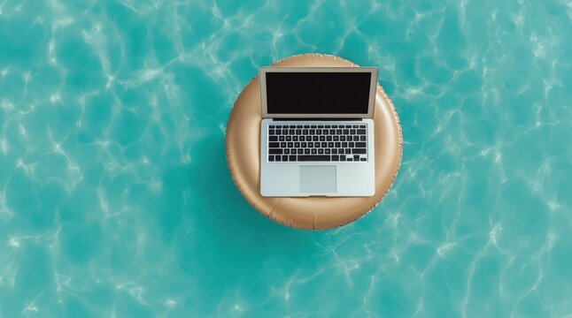 Modern laptop rests on inflatable ring, floating serenely in clear, turquoise water, symbolizing remote work and digital nomadism. High quality photo