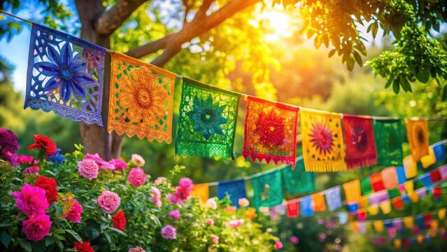 Vibrant papel picado hanging from a tree branch on a sunny Cinco De Mayo day, surrounded by colorful flowers and lush greenery, leafy greens, mexico