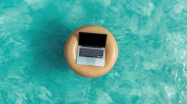 Modern laptop rests on inflatable pool float, gently bobbing in crystal clear turquoise water, symbolizing remote work and relaxation. High quality photo