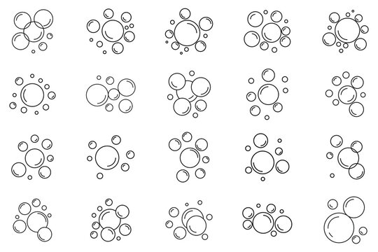 Bubble icon set. Soap bubbles vector icon set featuring round water droplets foam spheres or air balls for washing cleaning and fresh hygiene. eps 10