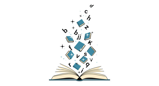 Open book with various letters of the alphabet and small blue books flying out from the pages representing the magic of learning.