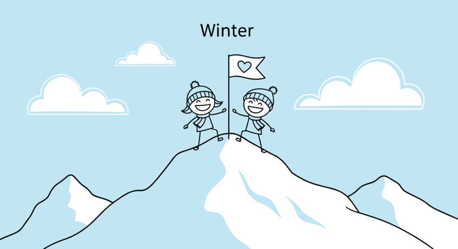 Two happy stick figure children standing on top of a snow mountain peak holding a heart flag under the word Winter on blue sky.