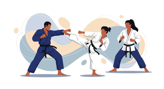 Group of people practicing karate in blue and white uniforms with dynamic abstract shapes in the background for a martial arts class.